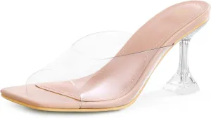 mysoft Women's Clear Heeled Sandals Square Toe Transparent Stiletto Mules Open Toe Slip on Dress Shoes
