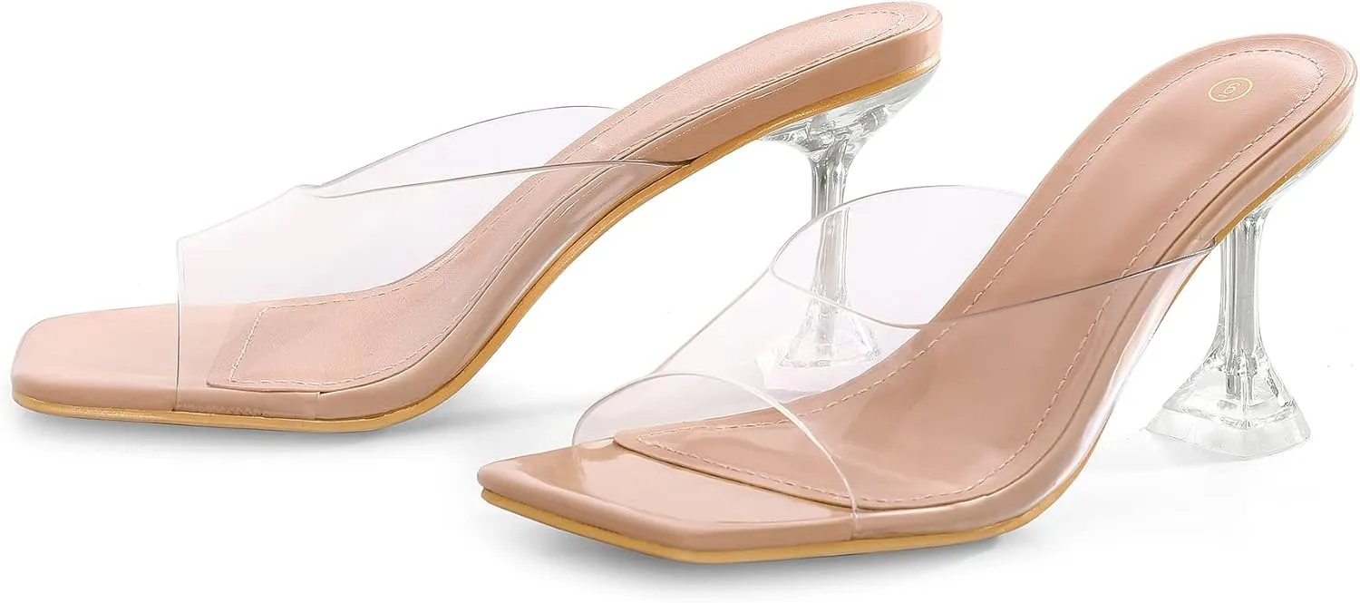 mysoft Women's Clear Heeled Sandals Square Toe Transparent Stiletto Mules Open Toe Slip on Dress Shoes