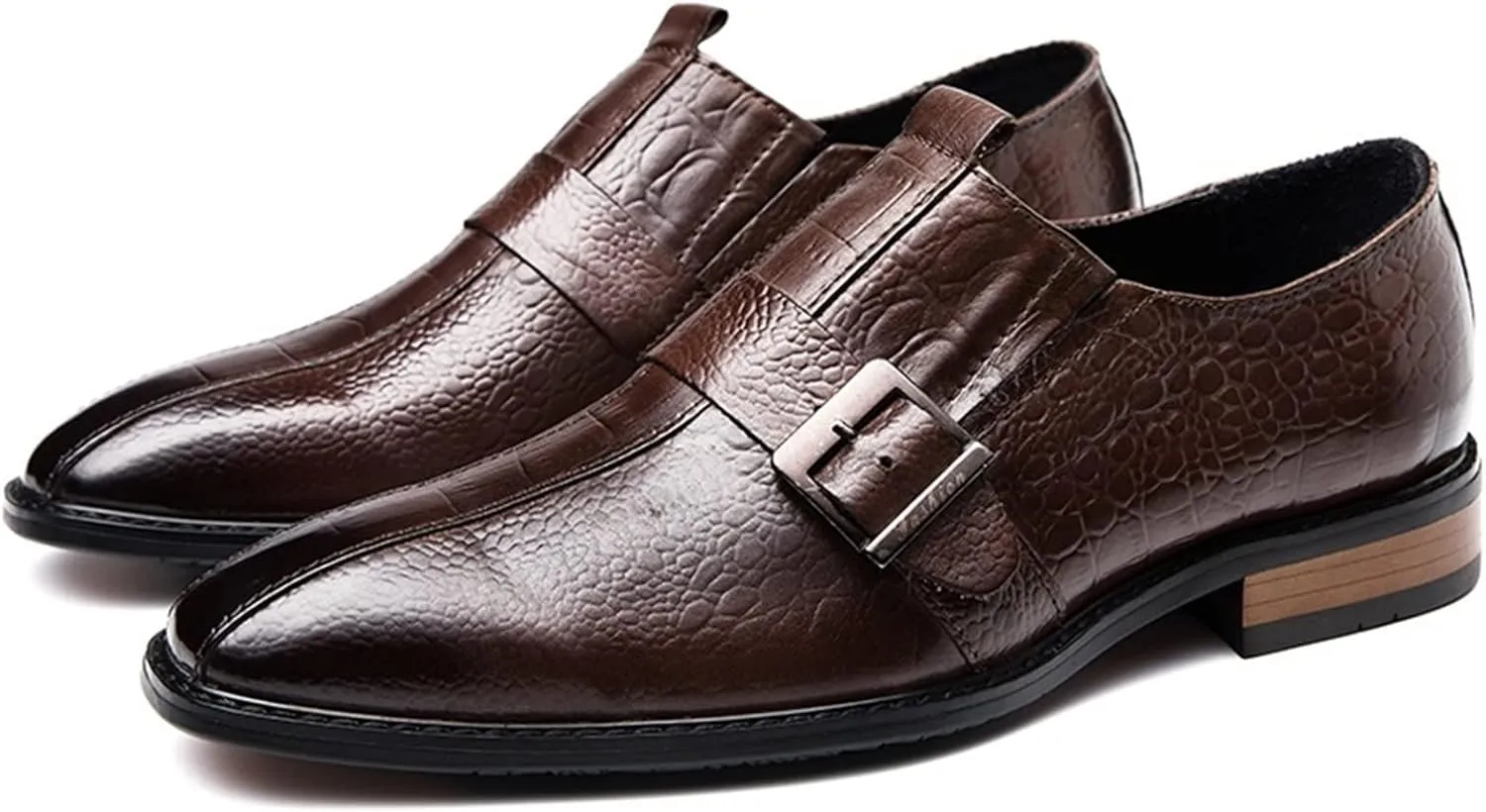 New Formal Dress Shoes for Men Slip On Monk Strap Crocodile Print Burnished Square Toe Leather Low Top Non Slip Resistant Block Heel Rubber Sole Casual