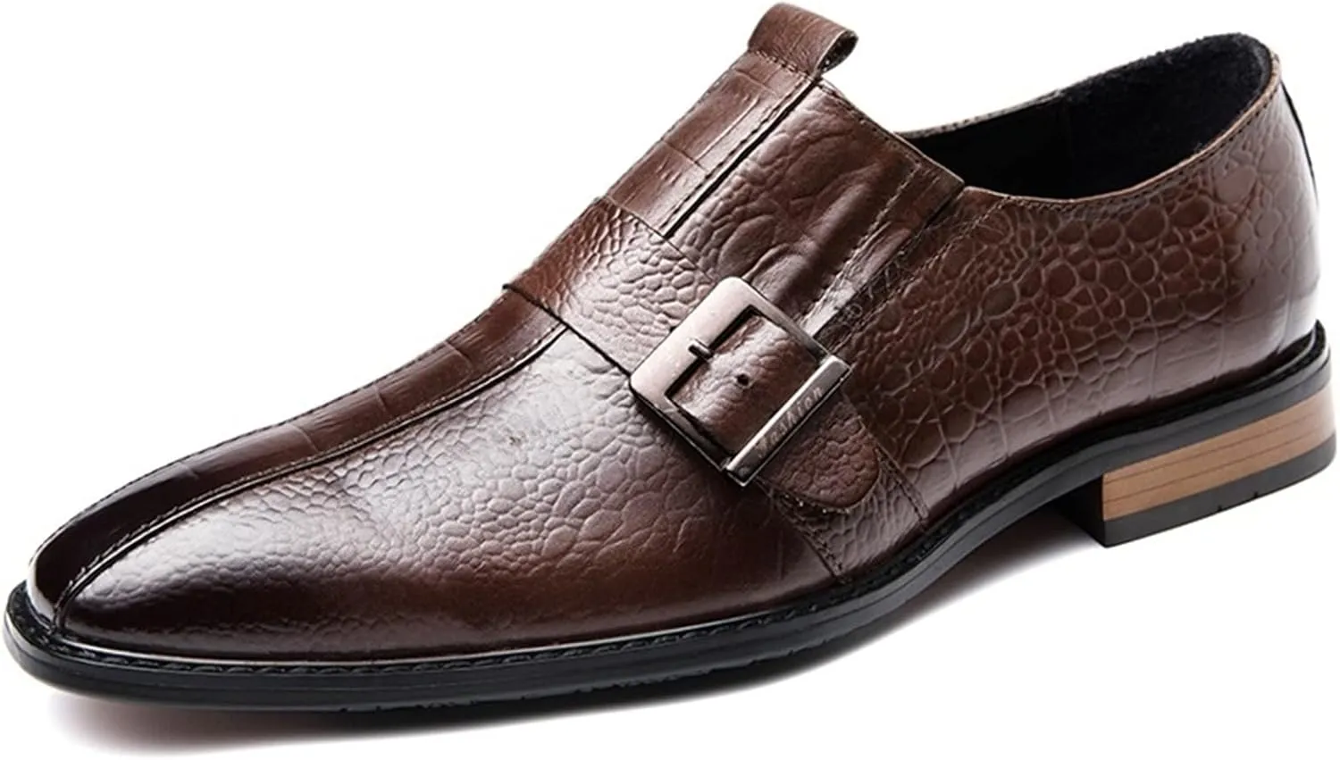 New Formal Dress Shoes for Men Slip On Monk Strap Crocodile Print Burnished Square Toe Leather Low Top Non Slip Resistant Block Heel Rubber Sole Casual