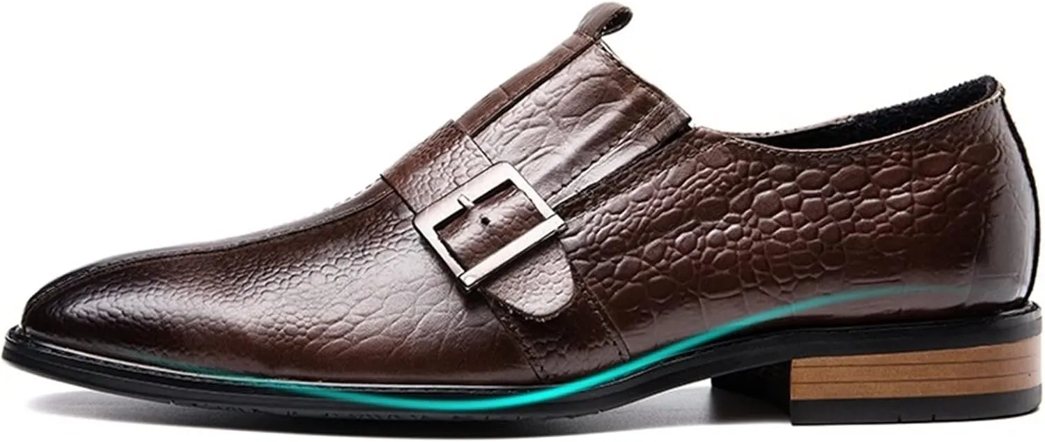 New Formal Dress Shoes for Men Slip On Monk Strap Crocodile Print Burnished Square Toe Leather Low Top Non Slip Resistant Block Heel Rubber Sole Casual