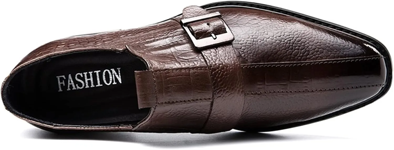 New Formal Dress Shoes for Men Slip On Monk Strap Crocodile Print Burnished Square Toe Leather Low Top Non Slip Resistant Block Heel Rubber Sole Casual