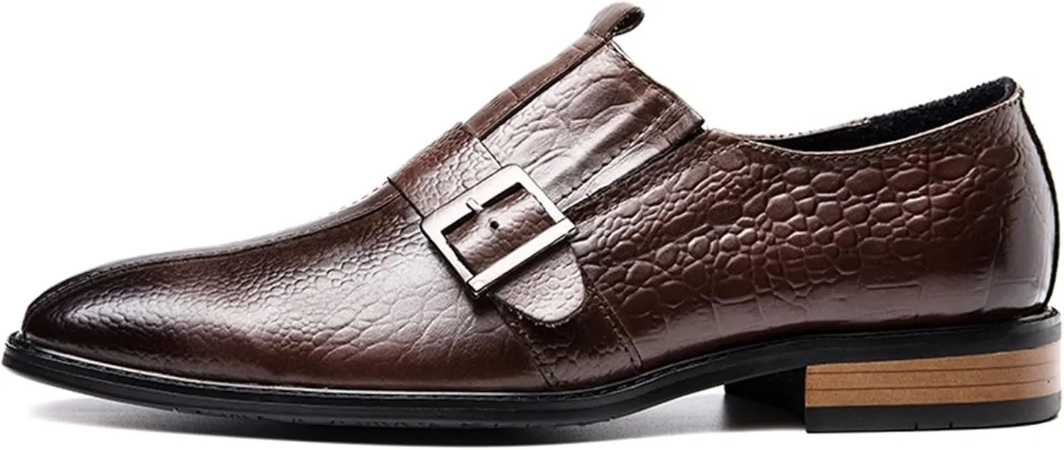 New Formal Dress Shoes for Men Slip On Monk Strap Crocodile Print Burnished Square Toe Leather Low Top Non Slip Resistant Block Heel Rubber Sole Casual