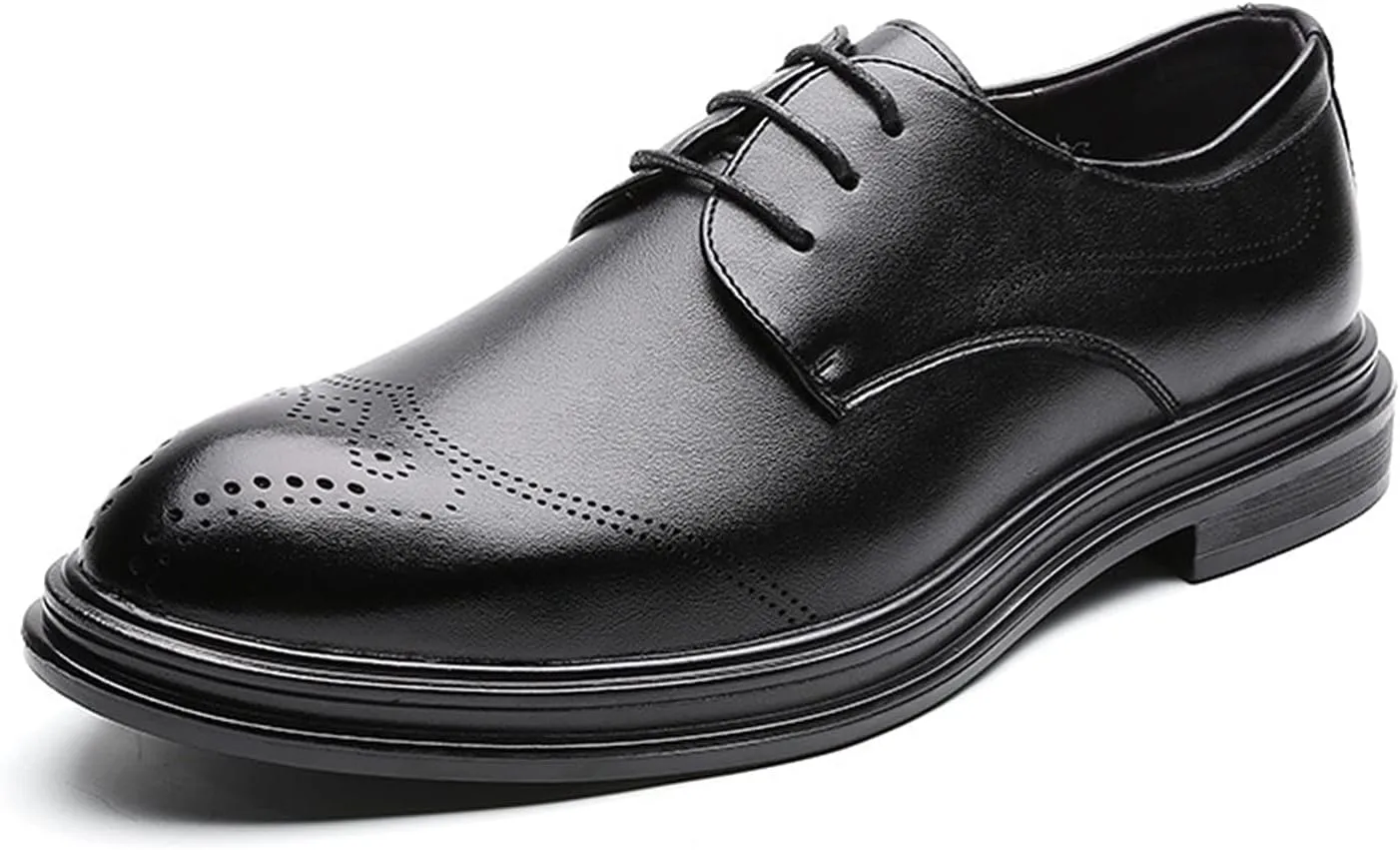New Formal Shoes for Men Lace Up Brogue Embossed Wing tip Round Burnished Toe Vegan Leather Resistant Non Slip Low Top Rubber Sole Business