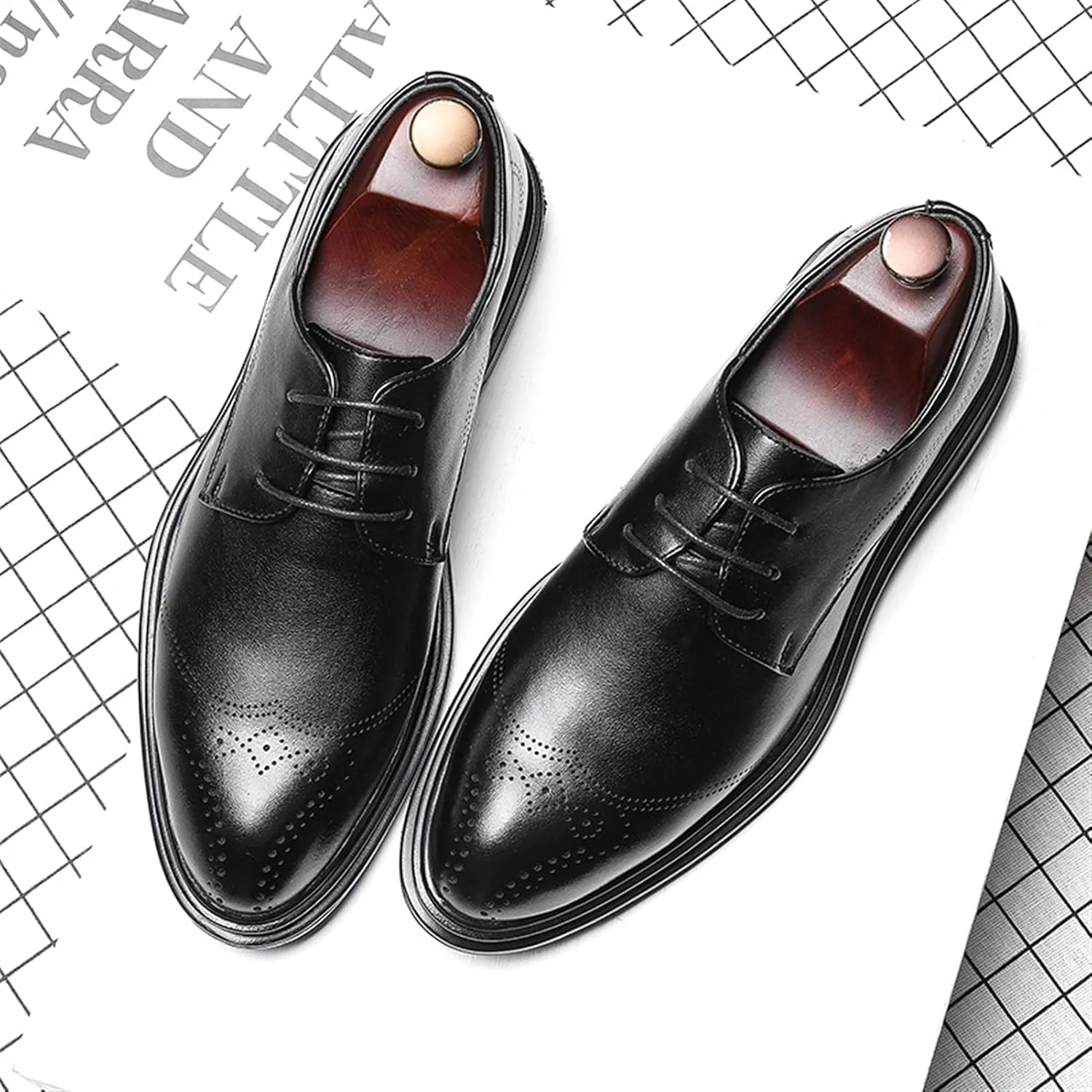 New Formal Shoes for Men Lace Up Brogue Embossed Wing tip Round Burnished Toe Vegan Leather Resistant Non Slip Low Top Rubber Sole Business