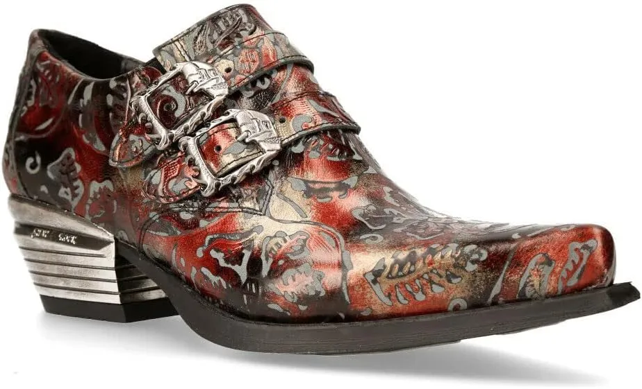 New Rock 7960 Mens Embossed Vintage Leather Buckle Steel Heel Shoes