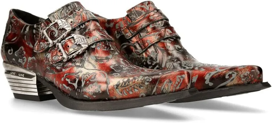 New Rock 7960 Mens Embossed Vintage Leather Buckle Steel Heel Shoes