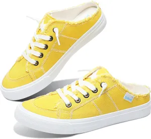Obtaom Women Canvas Mules Memory Foam Clipper Fashion Sneakers Comfortable Slip-On Mule Backless Holiday Shoes
