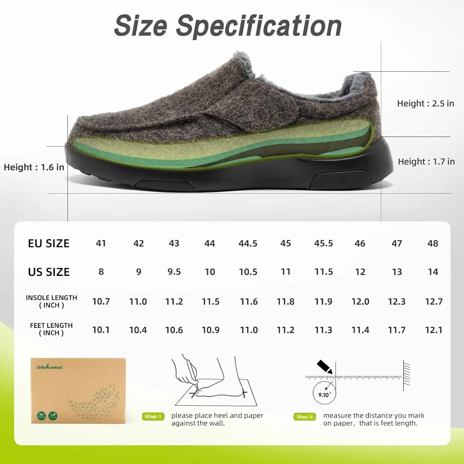 OrthoComfoot Men's Orthopedic Slippers Walking Shoes with Arch Support: Slip On Loafers for Plantar Fasciitis, Casual Flat Feet Hook and Loop Mule Clogs for Foot and Heel Pain Relief