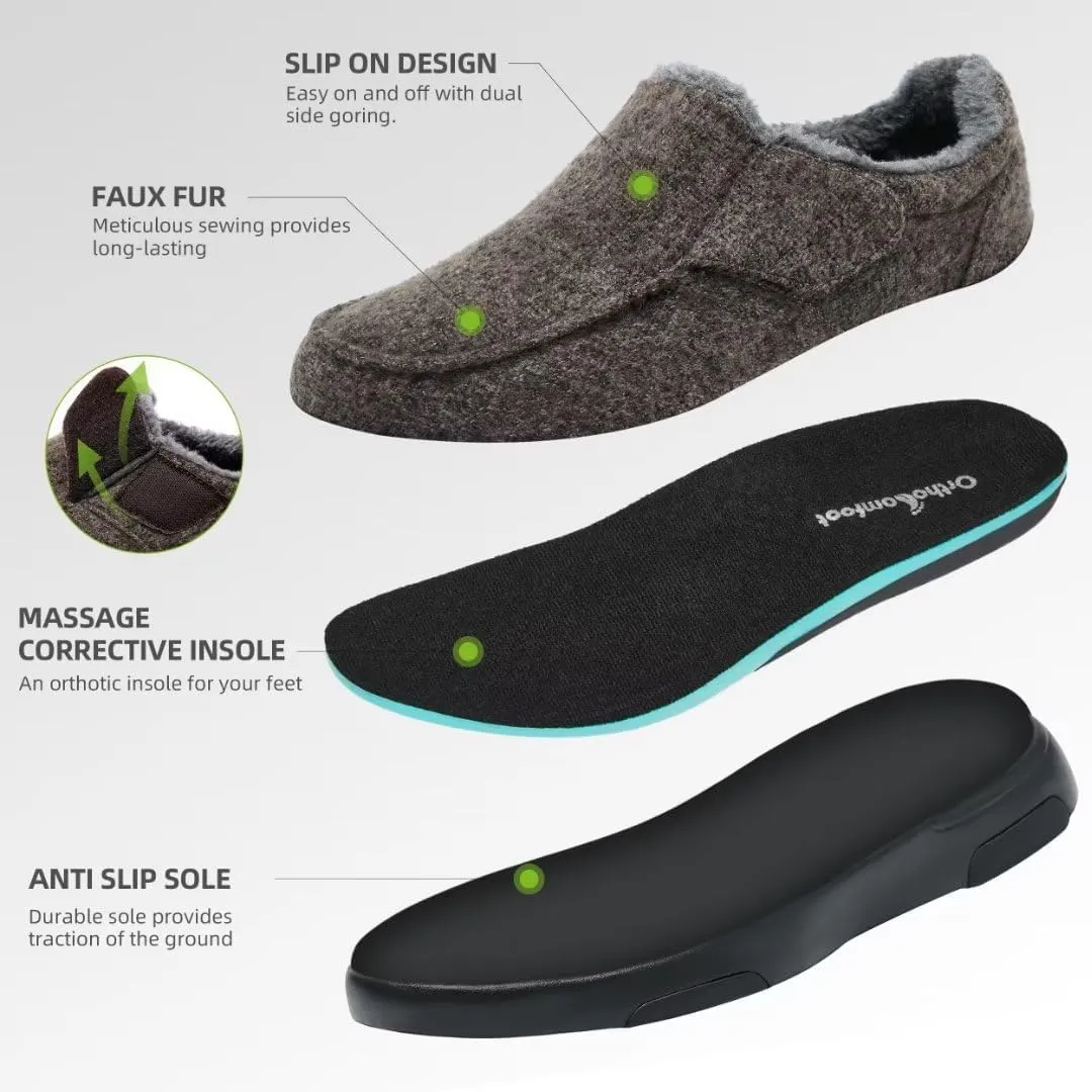 OrthoComfoot Men's Orthopedic Slippers Walking Shoes with Arch Support: Slip On Loafers for Plantar Fasciitis, Casual Flat Feet Hook and Loop Mule Clogs for Foot and Heel Pain Relief