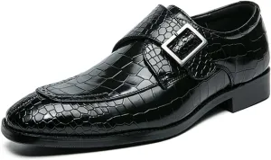 Oxford Dress Shoes for Men Slip On Split Toe Crocodile Embossed Monk Strap Leather Low Top Anti-Slip Resistant Non Slip Casual (Color : Black, Size : 12)