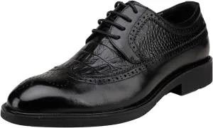 Oxford Shoes for Men Lace Up Crocodile Brogue Embossed Wingtips Round Toe Leather Block Heel Slip Resistant Rubber Sole Classic (Color : Black, Size : 7.5)