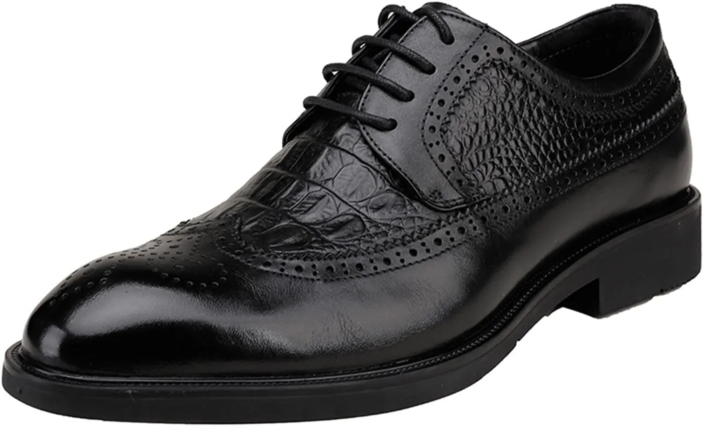 Oxford Shoes for Men Lace Up Crocodile Brogue Embossed Wingtips Round Toe Leather Block Heel Slip Resistant Rubber Sole Classic