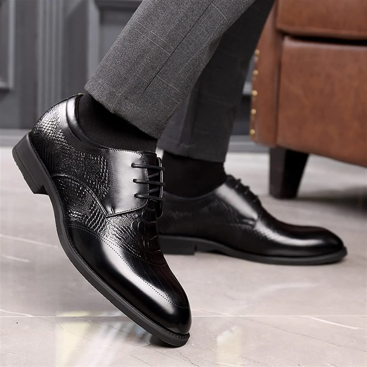 Oxford Shoes for Men Lace Up Round Toe Crocodile Print Derby Shoes Leather Non Slip Low Top Rubber Sole Wedding