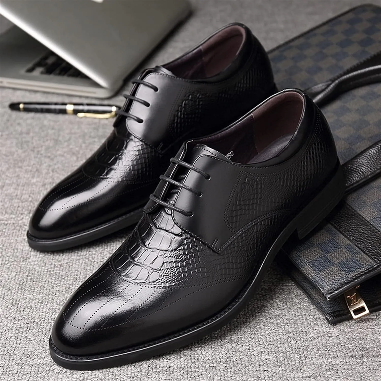 Oxford Shoes for Men Lace Up Round Toe Crocodile Print Derby Shoes Leather Non Slip Low Top Rubber Sole Wedding