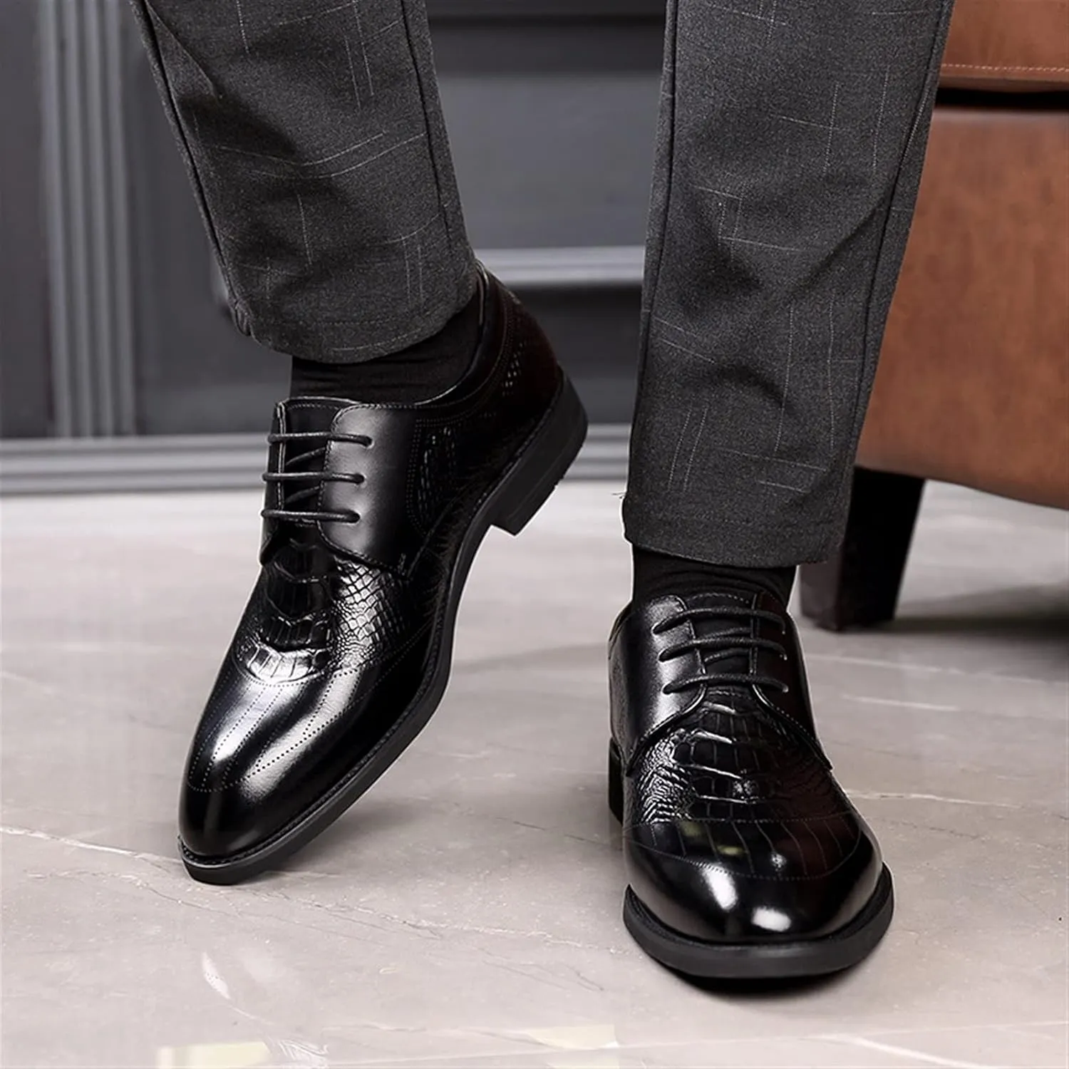 Oxford Shoes for Men Lace Up Round Toe Crocodile Print Derby Shoes Leather Non Slip Low Top Rubber Sole Wedding
