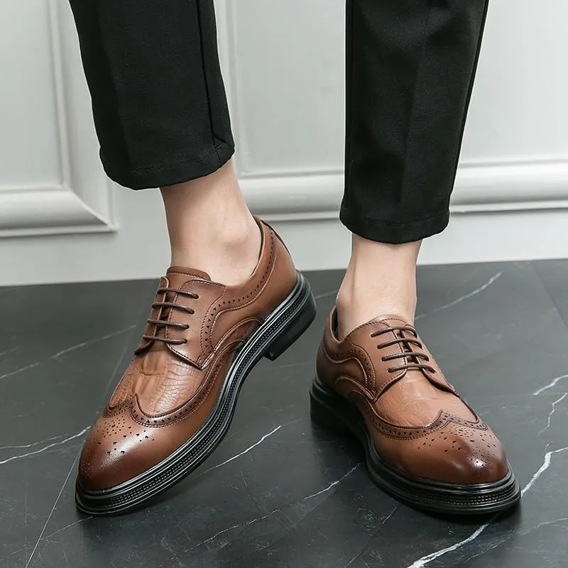 Oxford Shoes for Men Lace Up Round Toe Leather Crocodile Print Patchwork Wingtips Low Top Anti-Slip Non Slip Resistant Classic