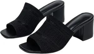 OYOANGLE Women's Knit Mule Sandals Peep Toe Chunky Heels Slip on Breathable Slides Sandals