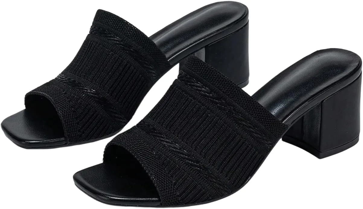 OYOANGLE Women's Knit Mule Sandals Peep Toe Chunky Heels Slip on Breathable Slides Sandals