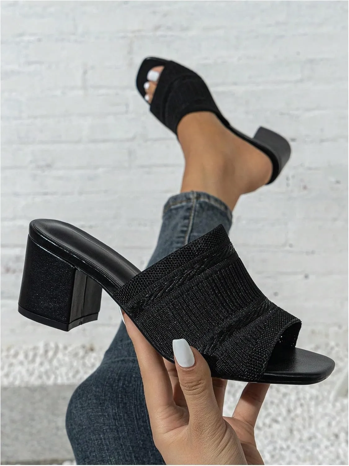 OYOANGLE Women's Knit Mule Sandals Peep Toe Chunky Heels Slip on Breathable Slides Sandals