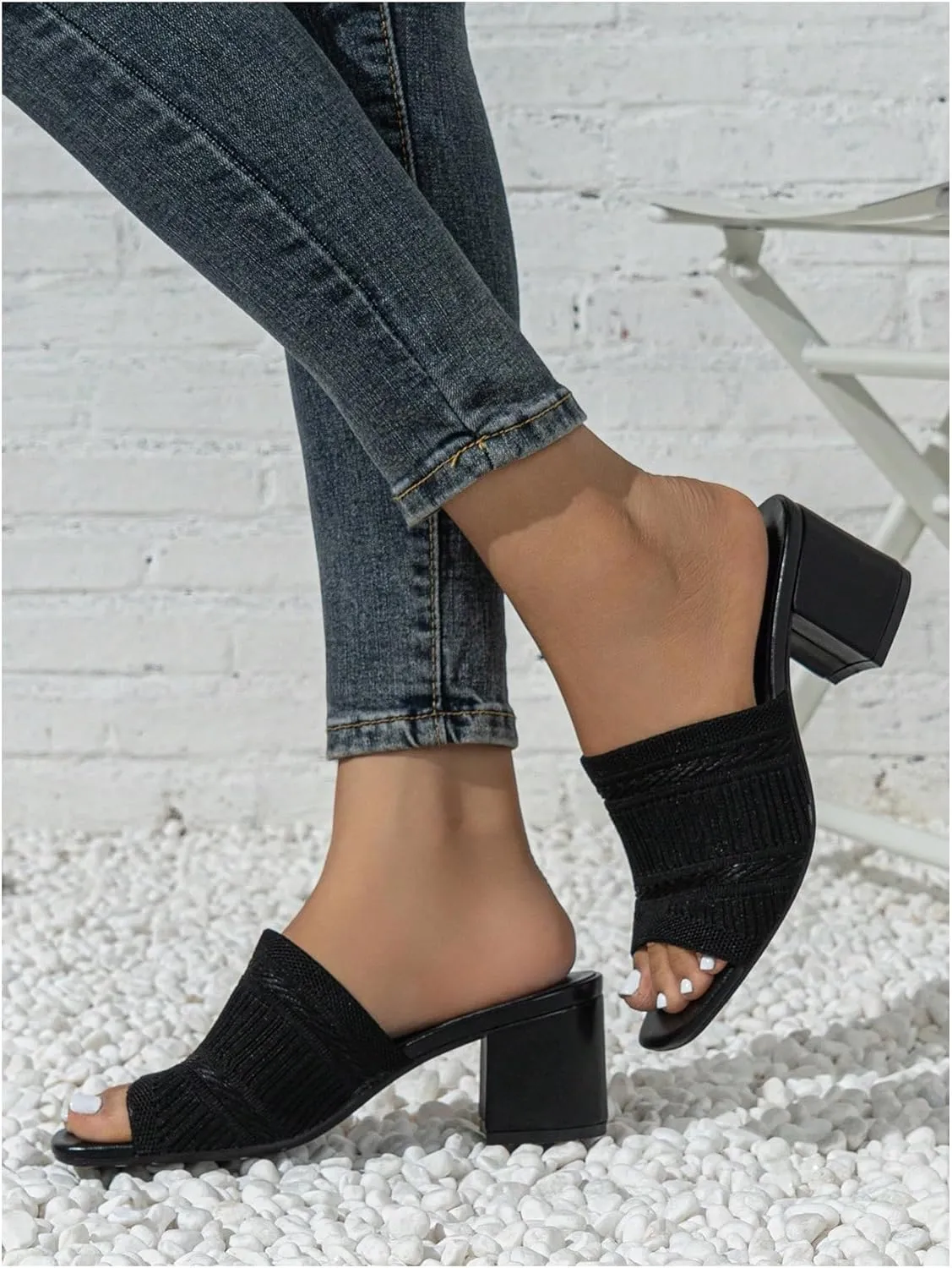 OYOANGLE Women's Knit Mule Sandals Peep Toe Chunky Heels Slip on Breathable Slides Sandals