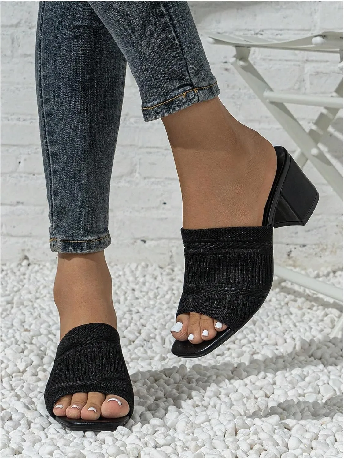 OYOANGLE Women's Knit Mule Sandals Peep Toe Chunky Heels Slip on Breathable Slides Sandals
