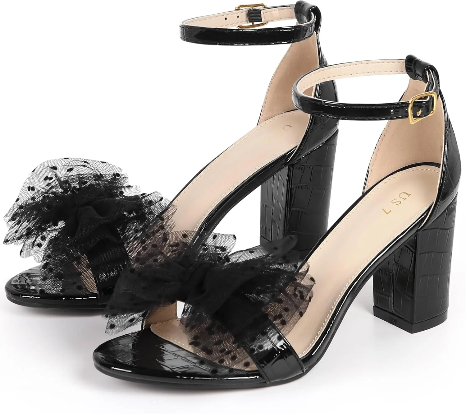 Perphy Ankle Strap Stone Printed Chunky Heel Bow Sandals for Women