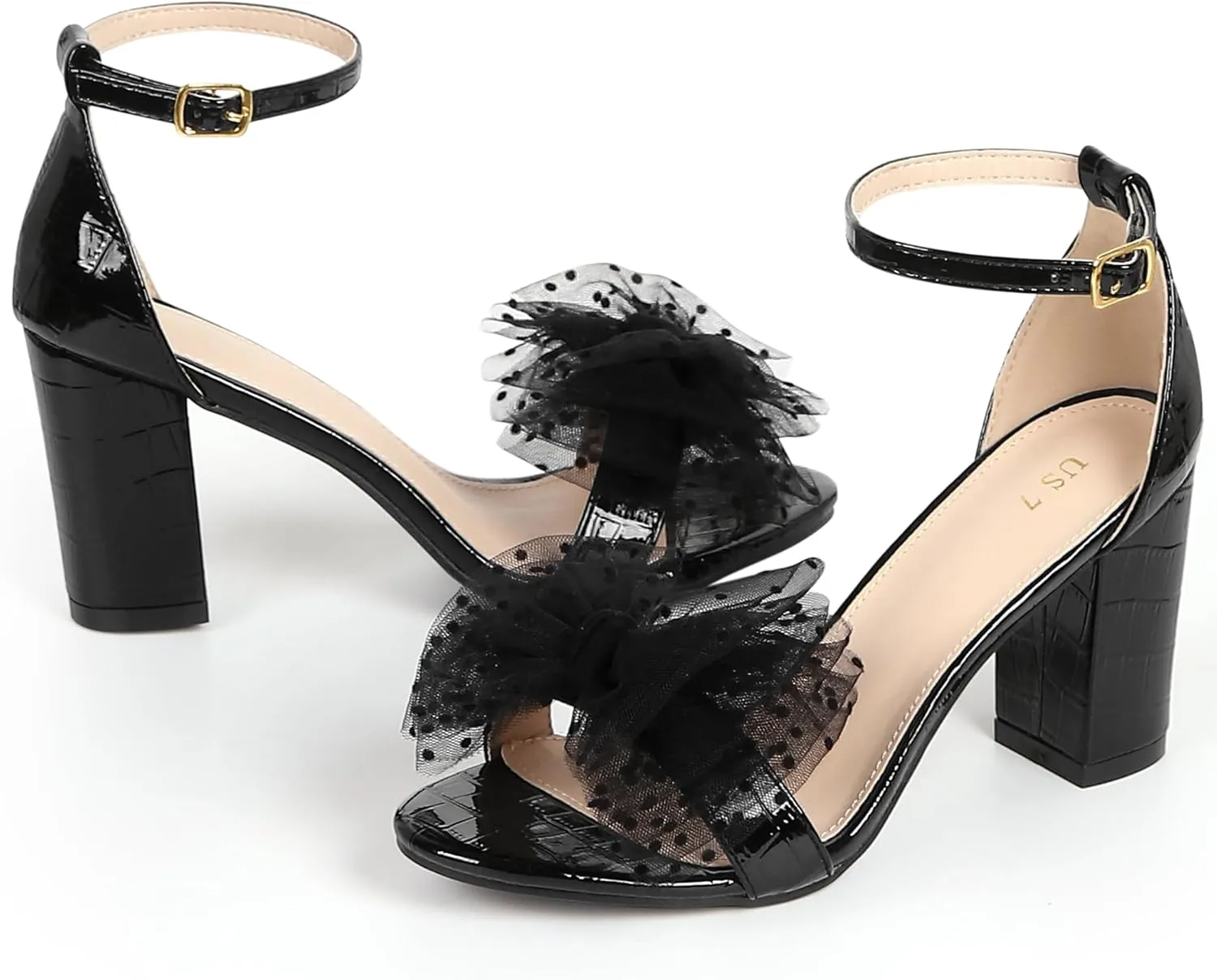 Perphy Ankle Strap Stone Printed Chunky Heel Bow Sandals for Women