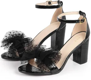 Perphy Ankle Strap Stone Printed Chunky Heel Bow Sandals for Women