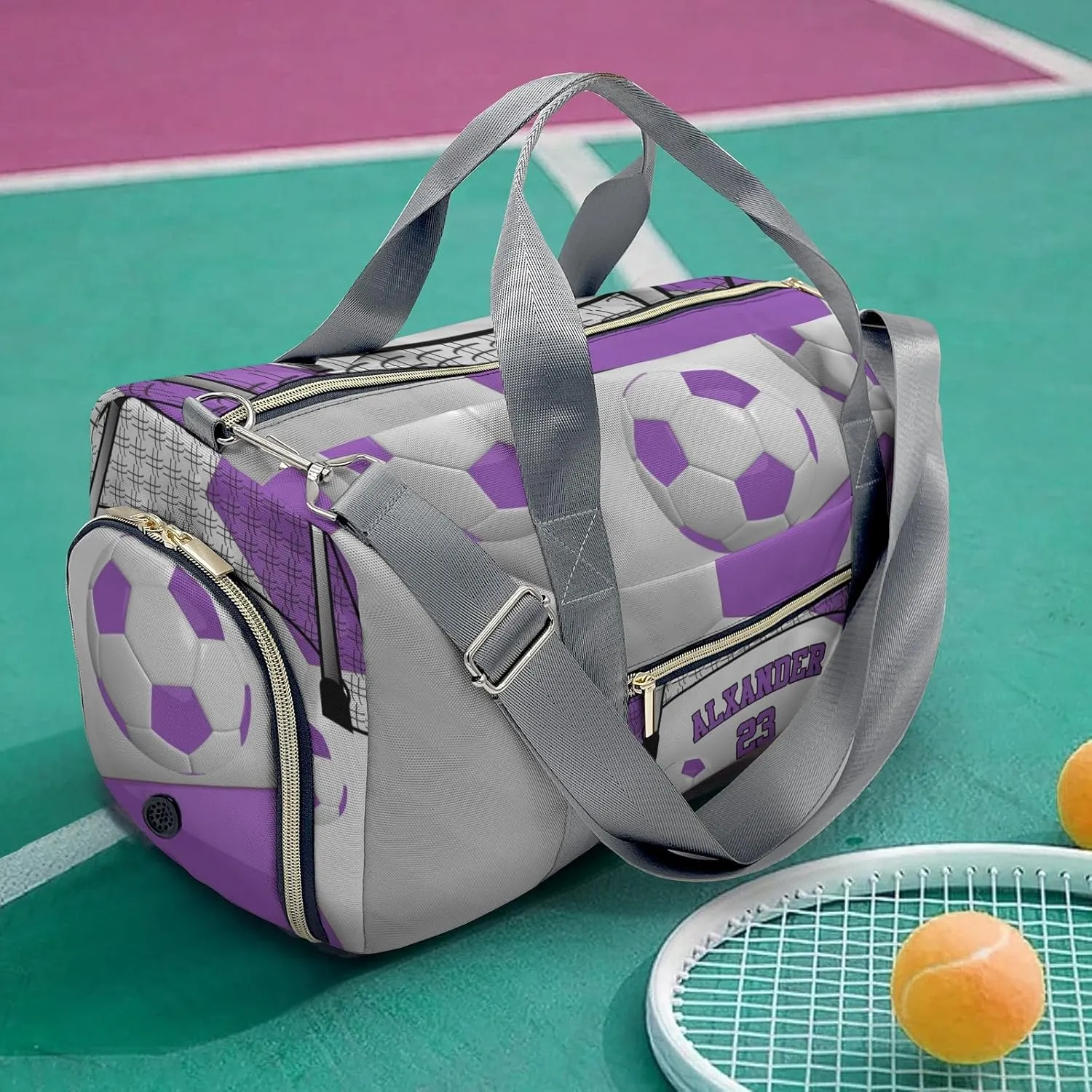 Personalized Ball Athlete Soccer Number Purple Duffel Bag,Customized Sport Player Travel Bag for Gifts