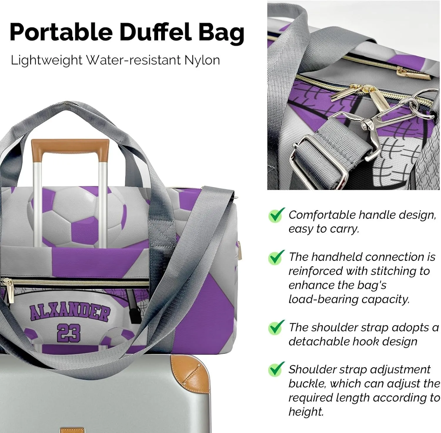 Personalized Ball Athlete Soccer Number Purple Duffel Bag,Customized Sport Player Travel Bag for Gifts