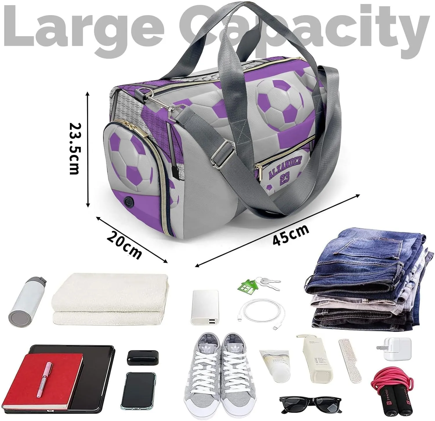 Personalized Ball Athlete Soccer Number Purple Duffel Bag,Customized Sport Player Travel Bag for Gifts