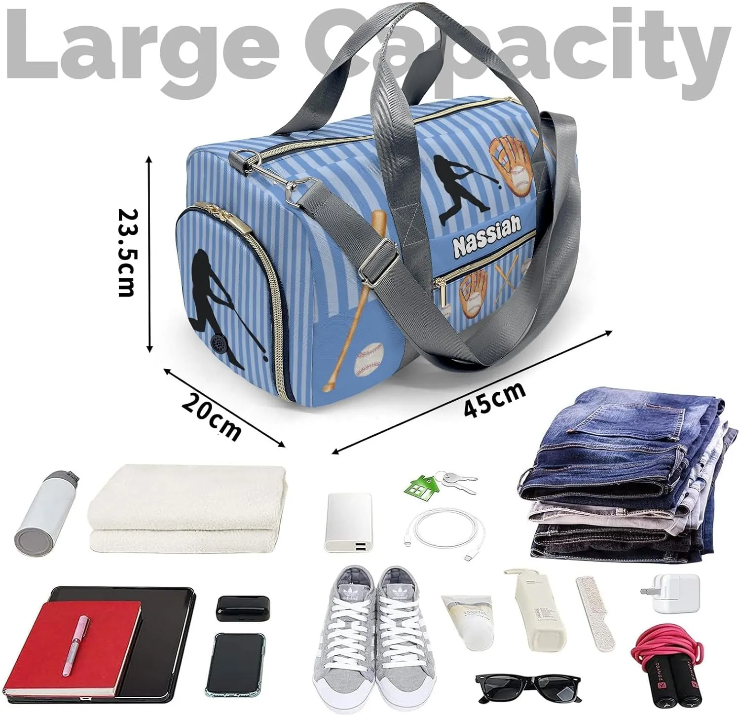Personalized Baseball Player Stripes Duffel Bag,Customized Sport Player Travel Bag for Gifts
