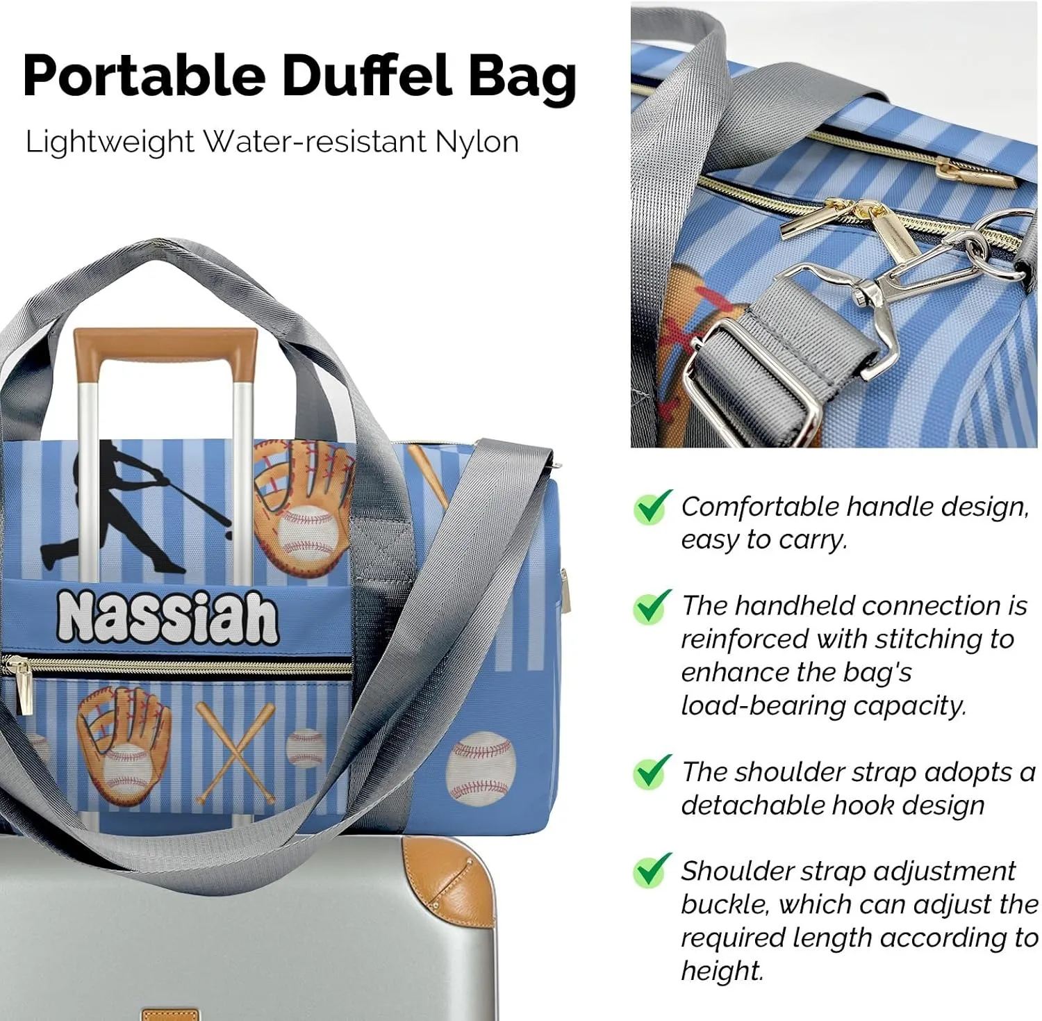 Personalized Baseball Player Stripes Duffel Bag,Customized Sport Player Travel Bag for Gifts