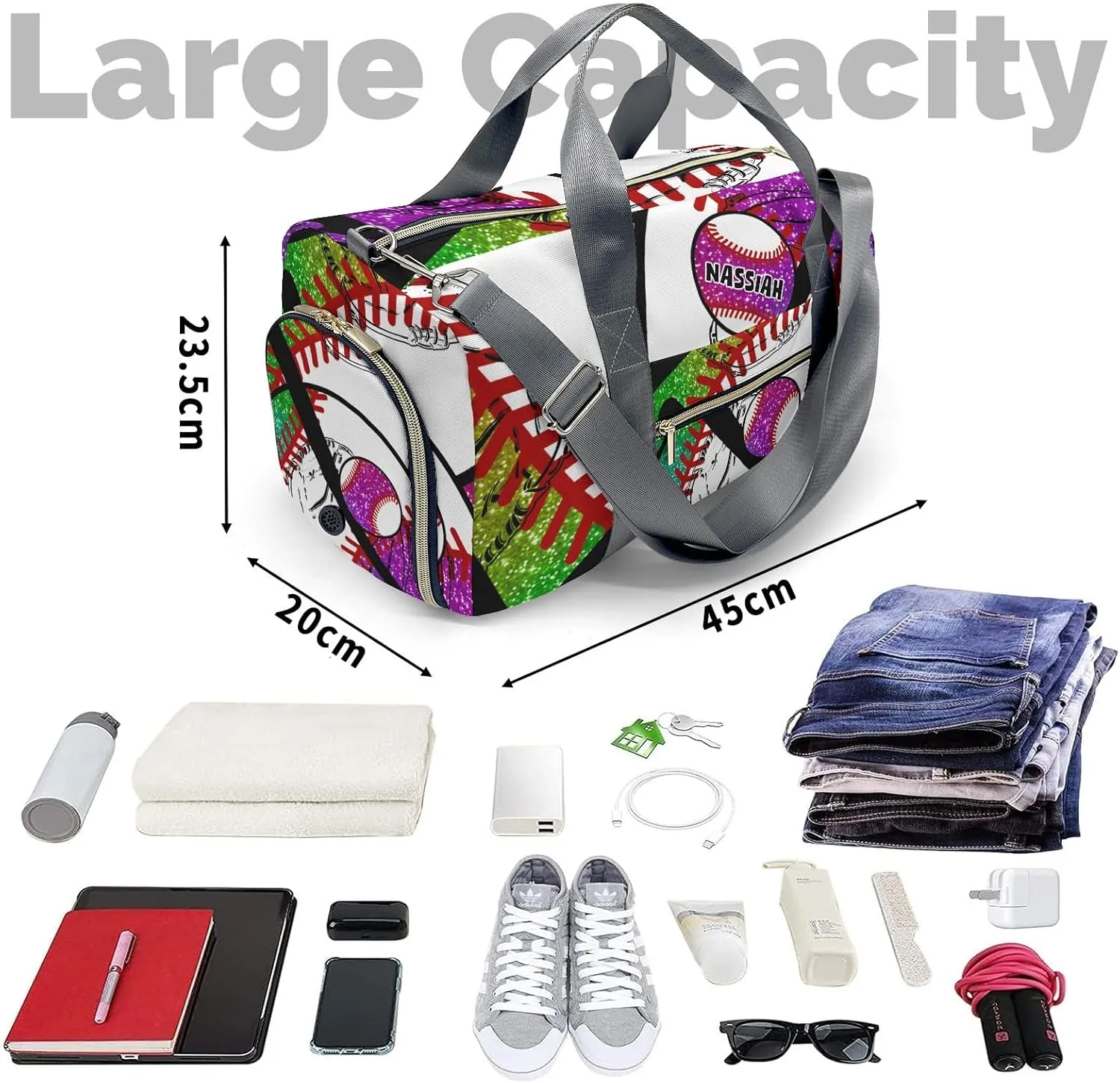 Personalized Baseball Team Player Rainbow Duffel Bag,Customized Sport Player Travel Bag for Gifts