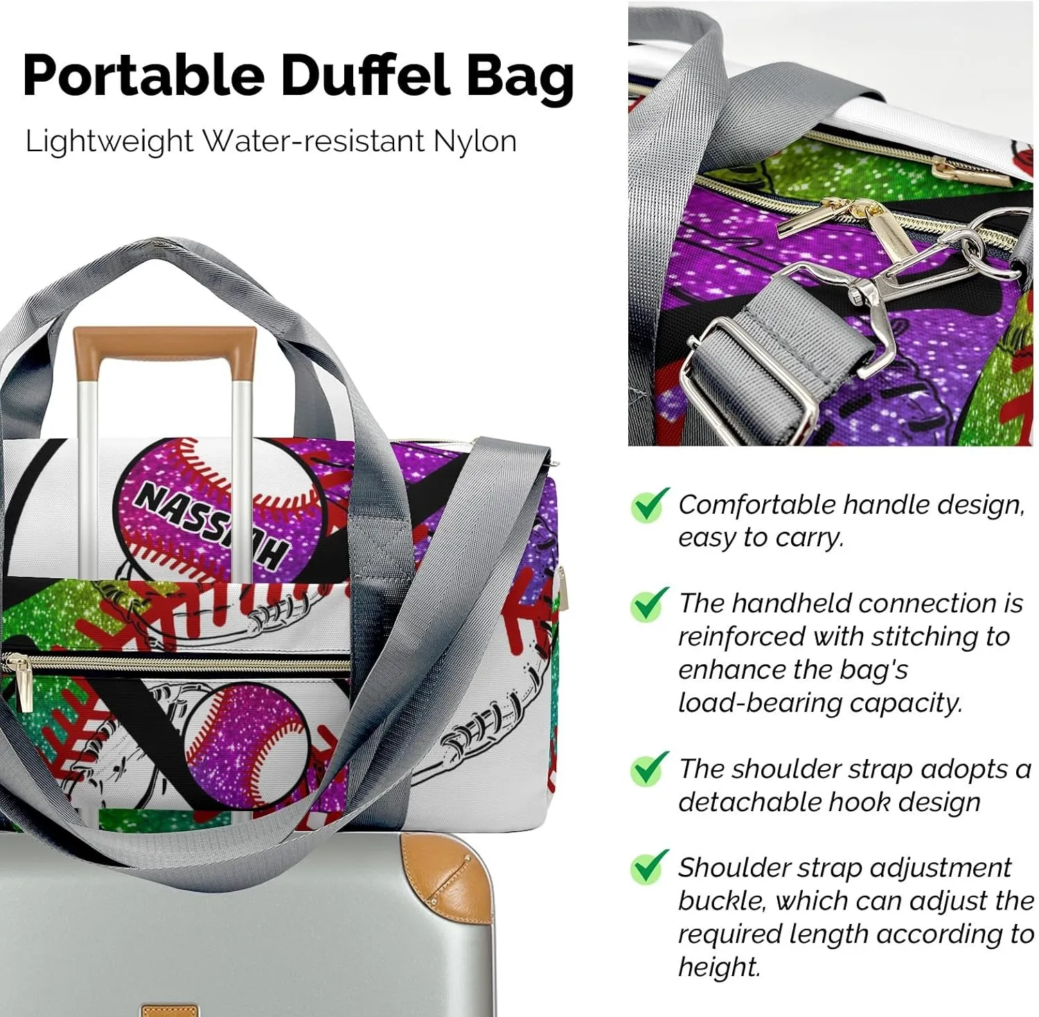 Personalized Baseball Team Player Rainbow Duffel Bag,Customized Sport Player Travel Bag for Gifts