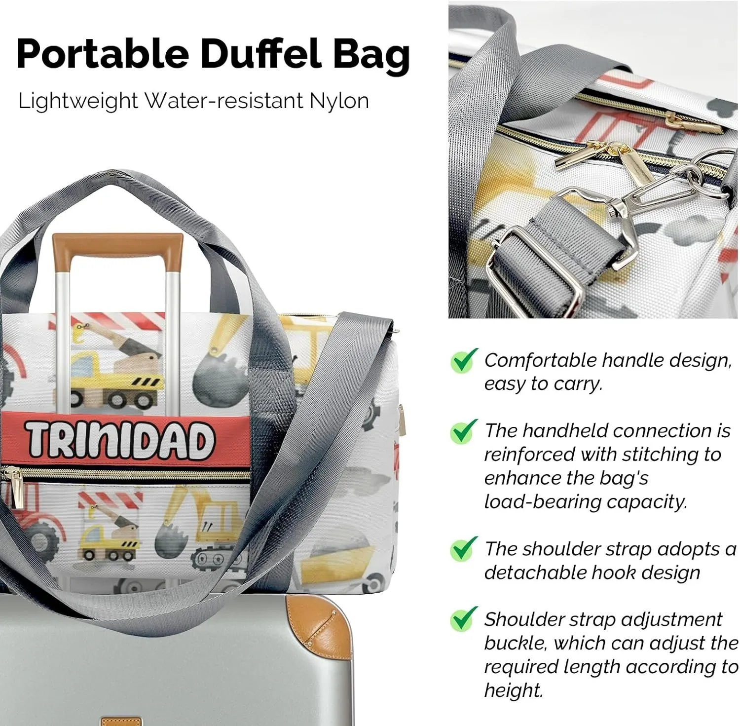 Personalized Cranes Bulldozers Excavators Truck Duffel Bag,Customized Sport Player Travel Bag for Gifts