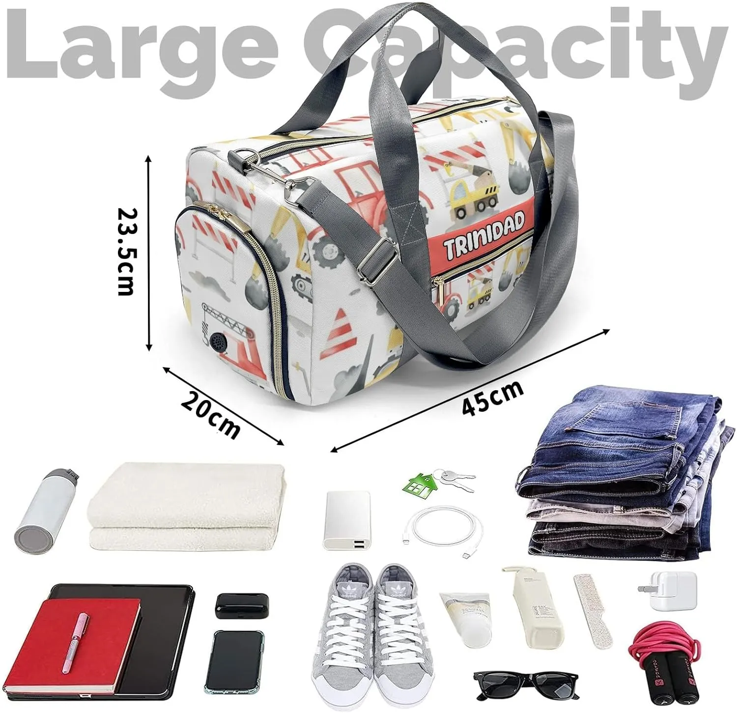 Personalized Cranes Bulldozers Excavators Truck Duffel Bag,Customized Sport Player Travel Bag for Gifts