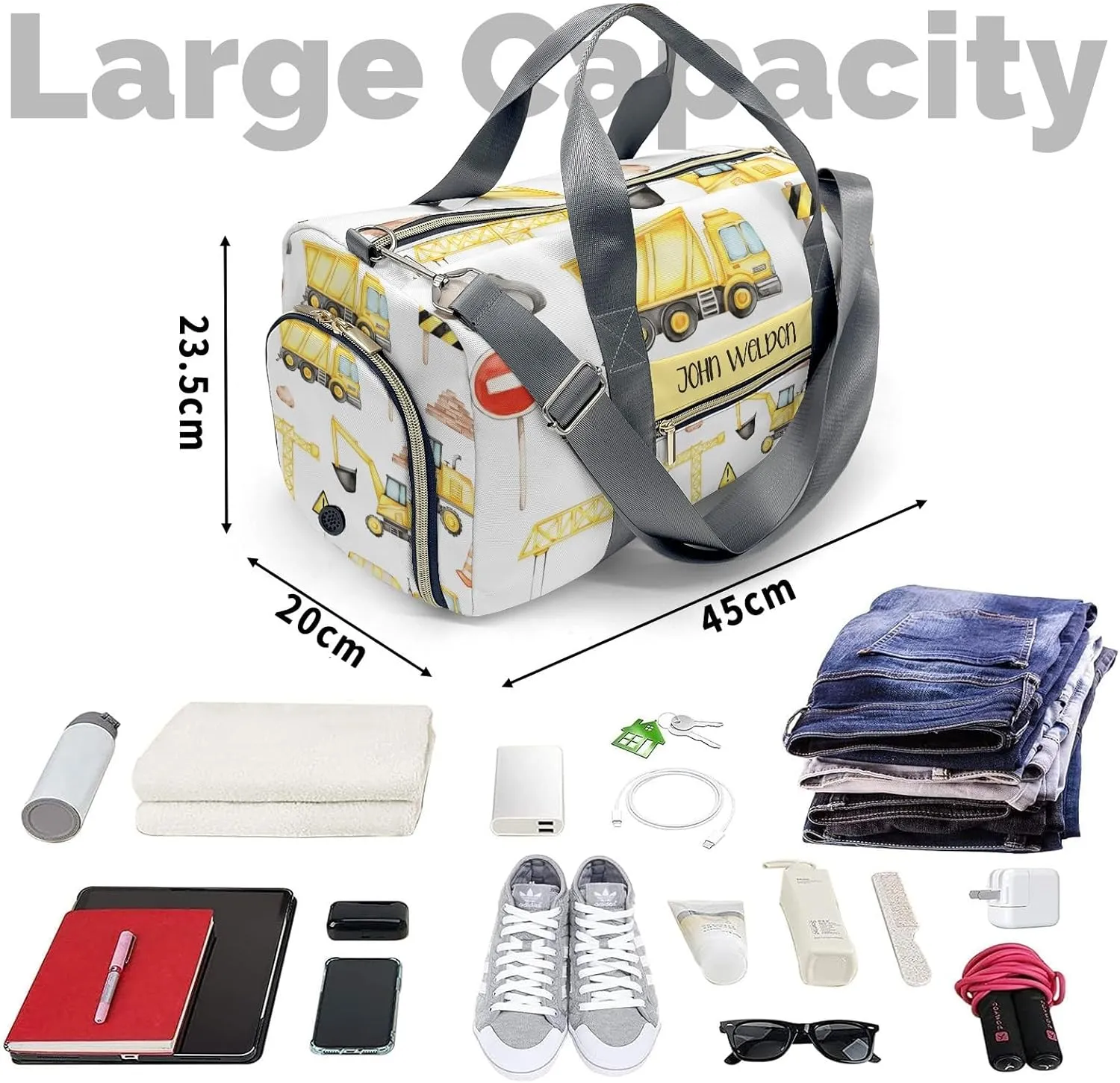 Personalized Gym Bag,Custom Name Big Trucks Crane Sport Duffel Bag Weekender Carry On Travel Duffel Bag