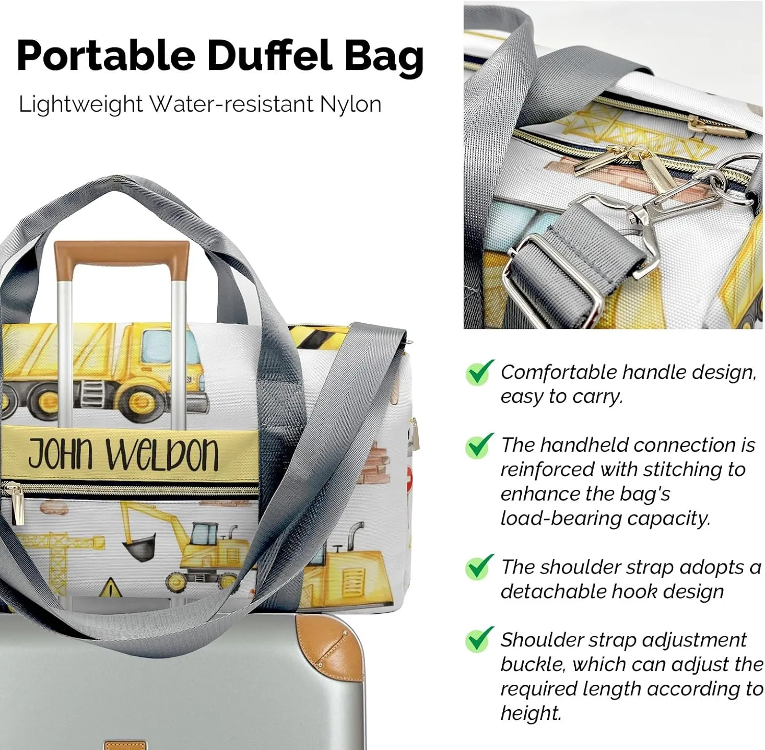 Personalized Gym Bag,Custom Name Big Trucks Crane Sport Duffel Bag Weekender Carry On Travel Duffel Bag