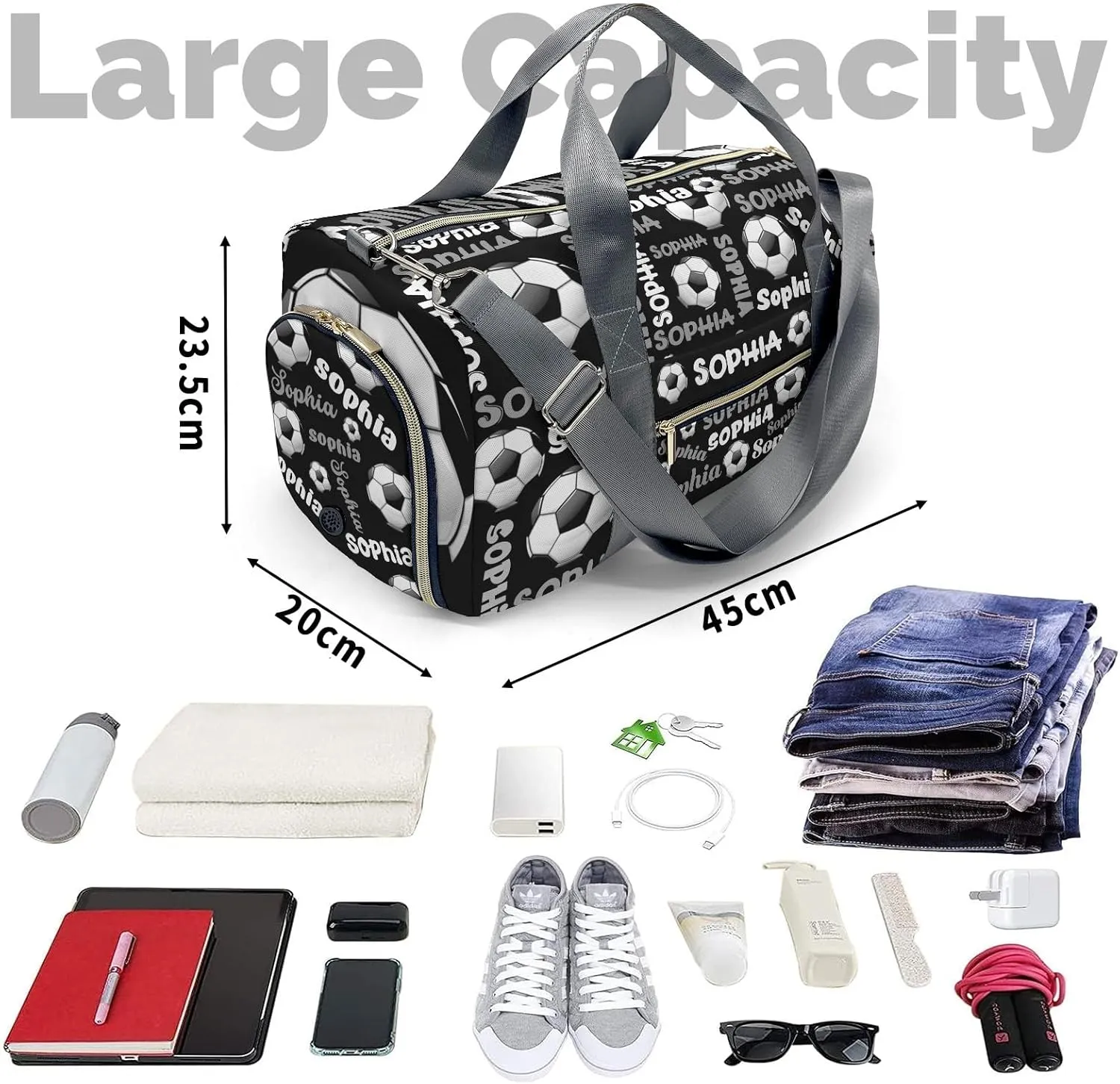 Personalized Gym Bag,Custom Name Black Text Soccer Sport Duffel Bag Weekender Carry On Travel Duffel Bag