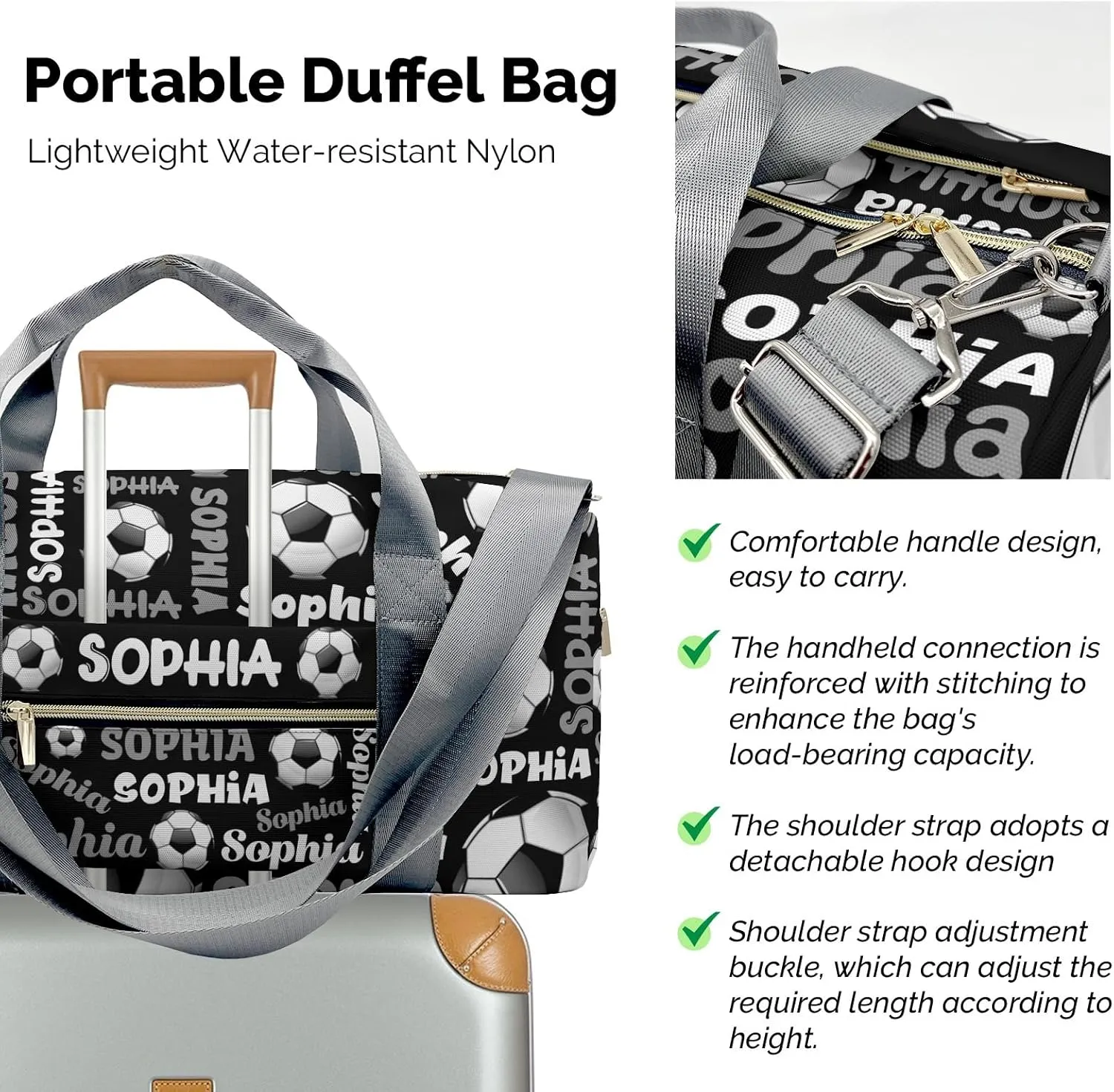 Personalized Gym Bag,Custom Name Black Text Soccer Sport Duffel Bag Weekender Carry On Travel Duffel Bag