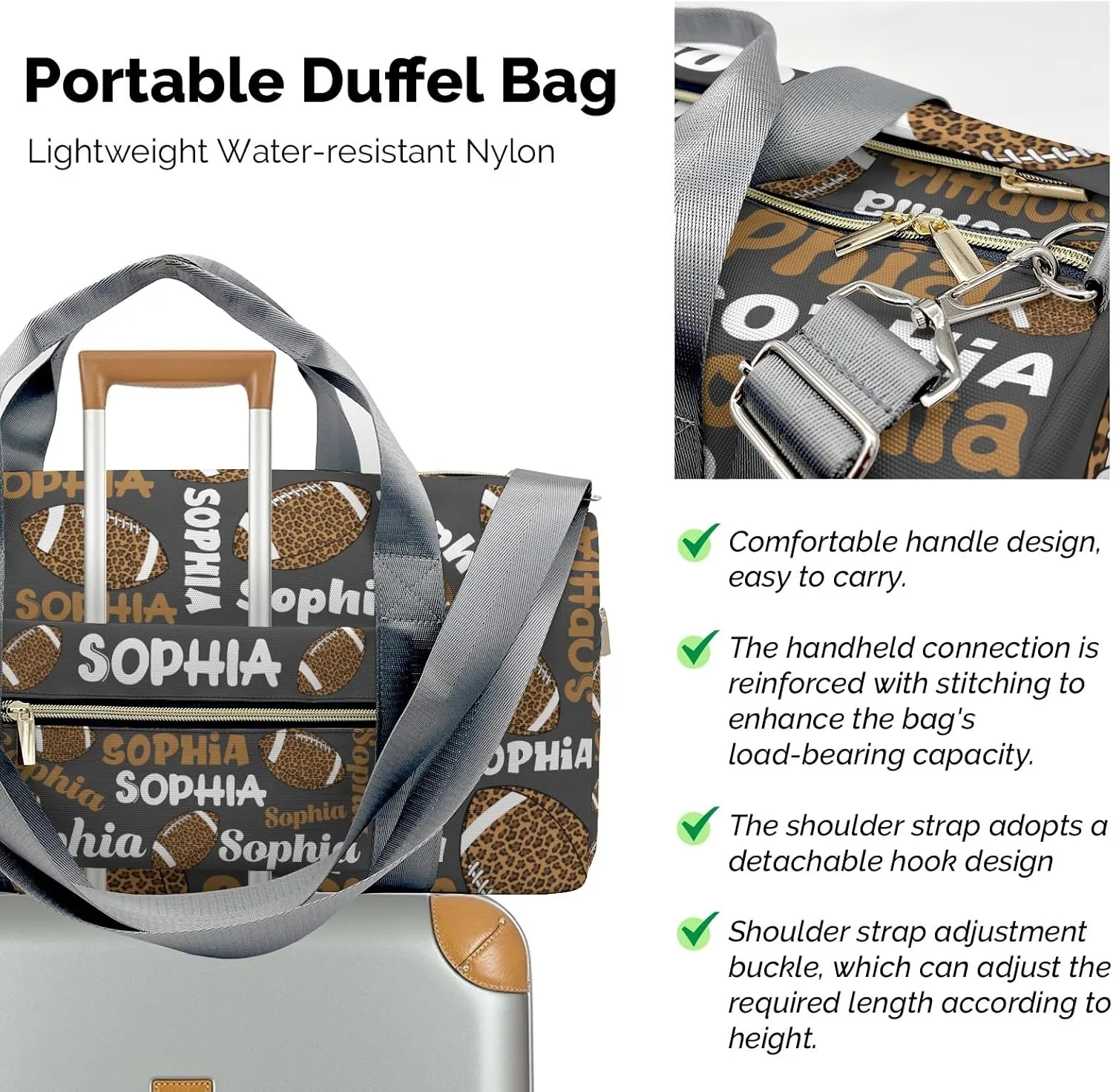 Personalized Gym Bag,Custom Name Football Leopard Text Gray Sport Duffel Bag Weekender Carry On Travel Duffel Bag