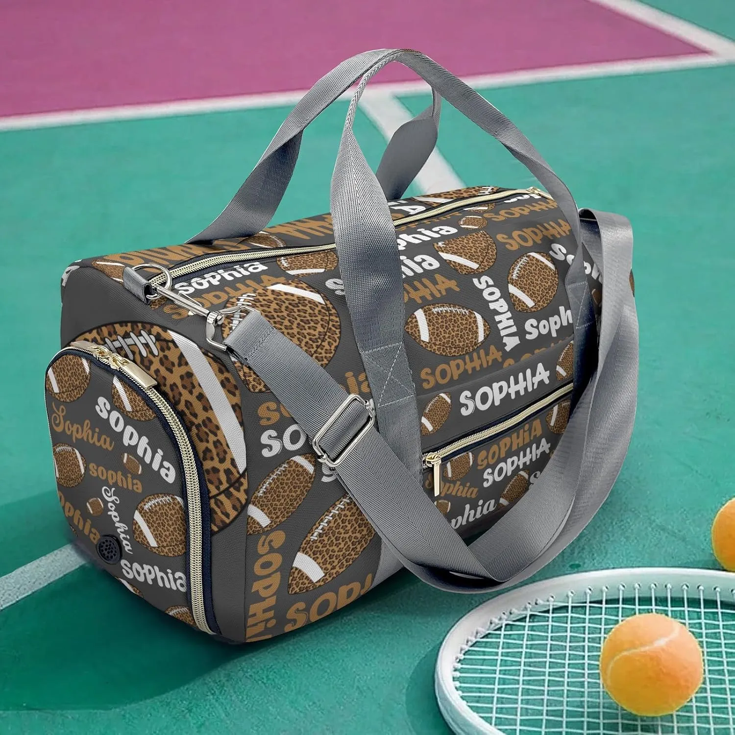 Personalized Gym Bag,Custom Name Football Leopard Text Gray Sport Duffel Bag Weekender Carry On Travel Duffel Bag