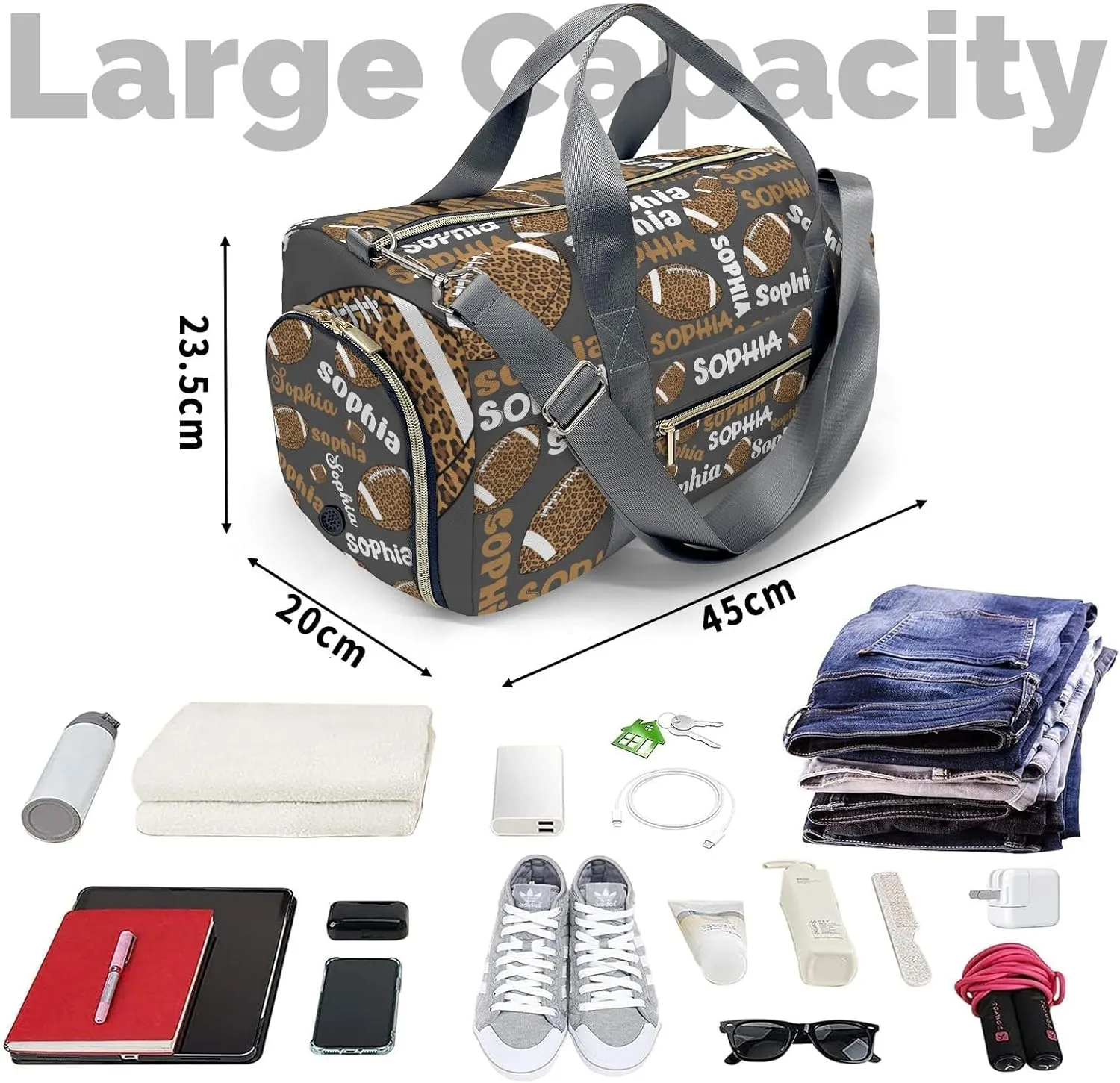 Personalized Gym Bag,Custom Name Football Leopard Text Gray Sport Duffel Bag Weekender Carry On Travel Duffel Bag