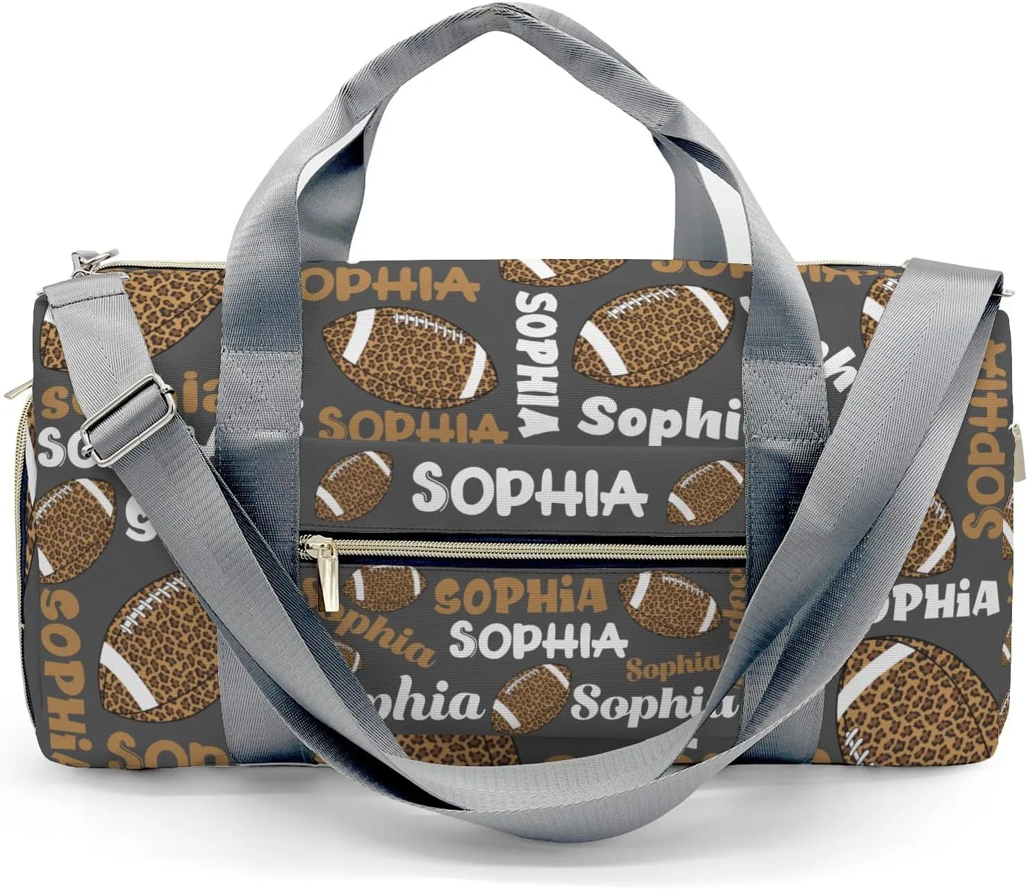 Personalized Gym Bag,Custom Name Football Leopard Text Gray Sport Duffel Bag Weekender Carry On Travel Duffel Bag
