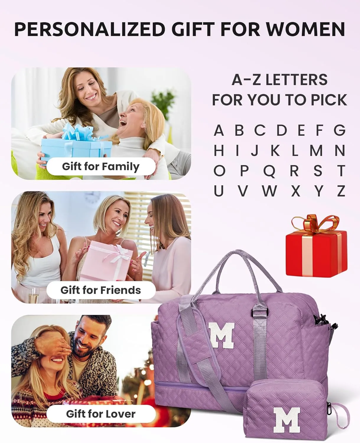 Personalized Initial Duffle Bag - Overnight Weekender with Shoe Compartment & Monogram Travel Bag - Friend Gift (Letter S)