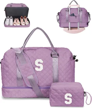 Personalized Initial Duffle Bag - Overnight Weekender with Shoe Compartment & Monogram Travel Bag - Friend Gift (Letter S)