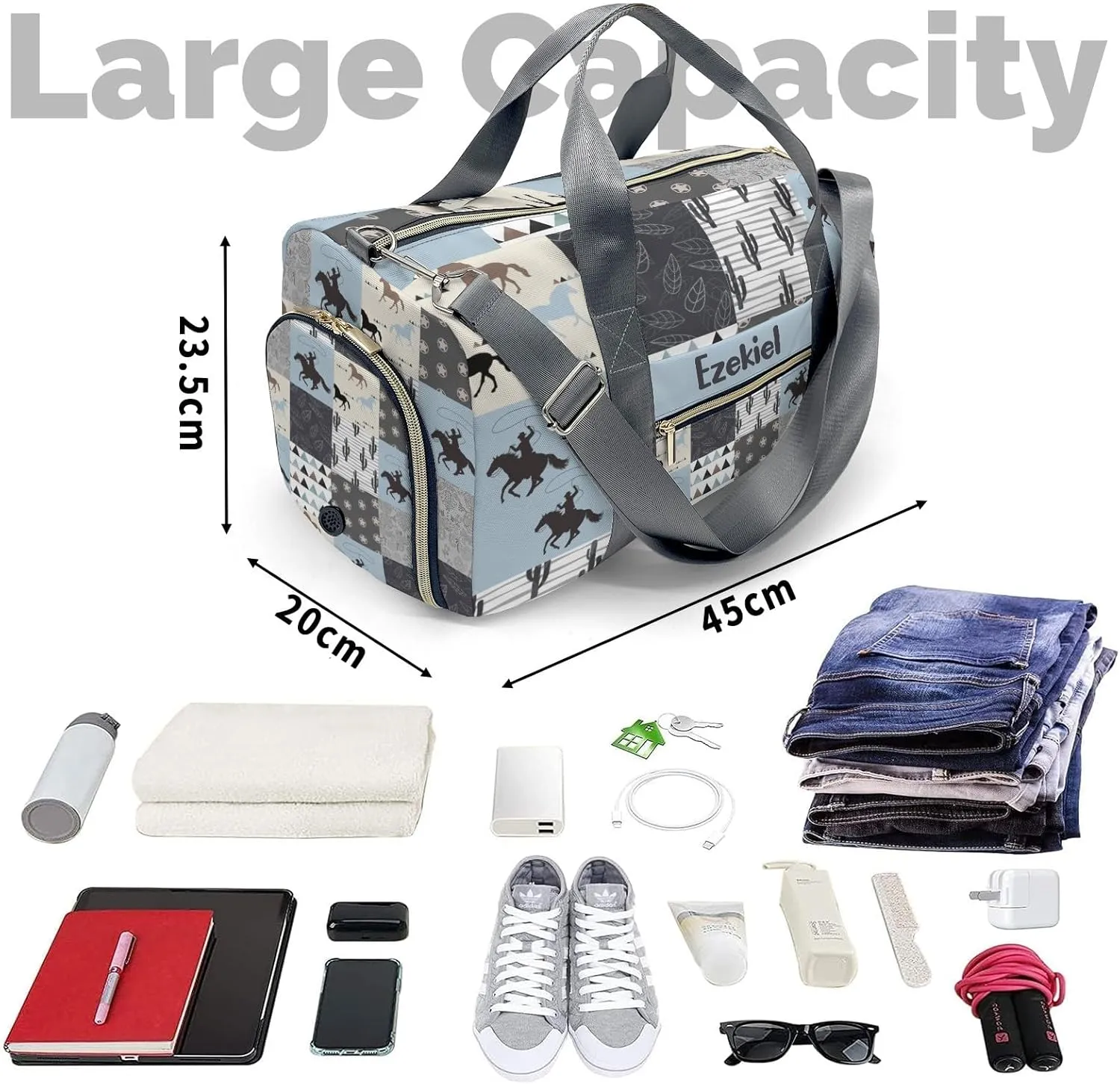 Personalized Western Horse Cactus Patchwork Duffel Bag,Customized Sport Player Travel Bag for Gifts