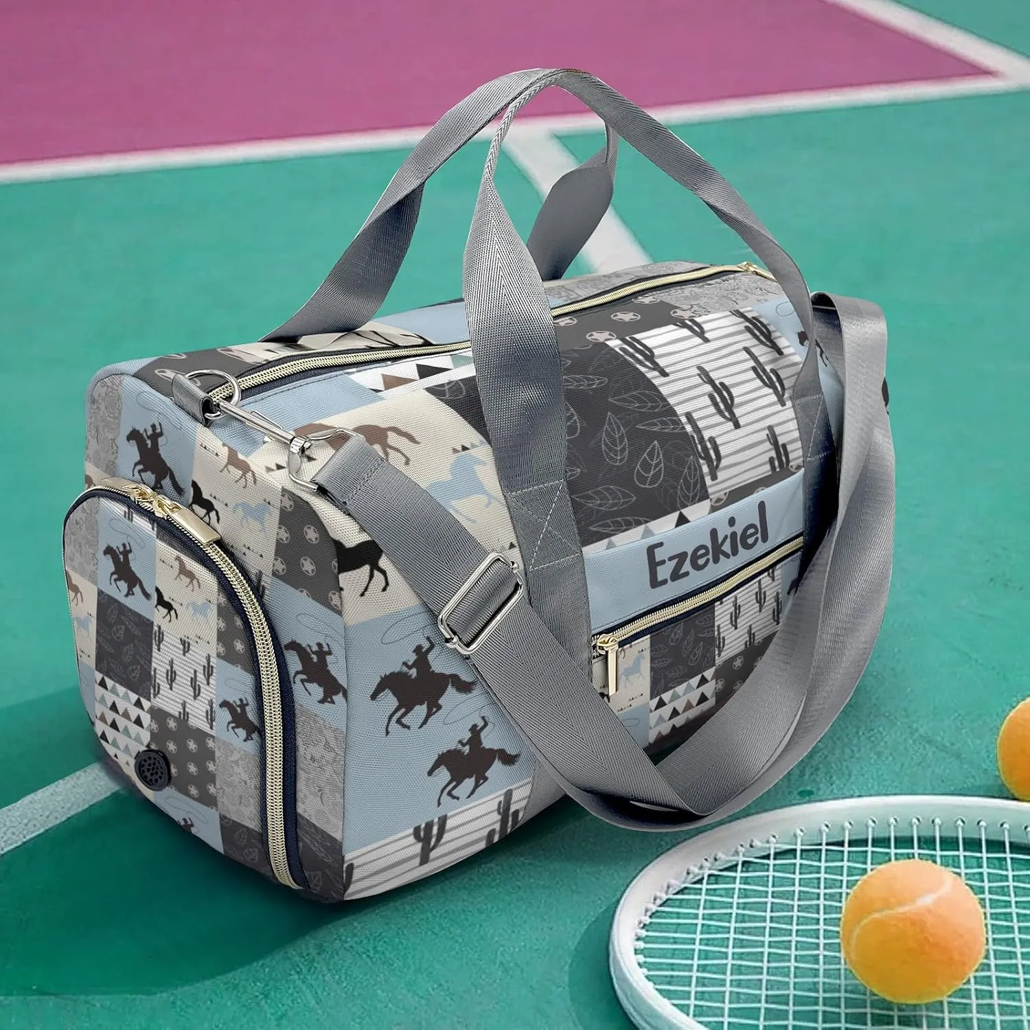Personalized Western Horse Cactus Patchwork Duffel Bag,Customized Sport Player Travel Bag for Gifts